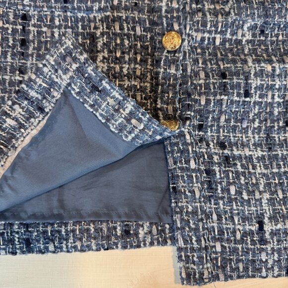 LOFT Womens Tweed Mini Pocket Dress 12 Blue Gold Buttons Fringe Old Money 60s - Picture 12 of 16